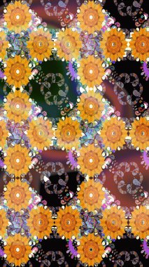 Çiçeksiz desenli arka plan. Renkli Bahar Temalı Kusursuz Arkaplan. Sarı ve kahverengi renkte çiçekler. Düz Çiçek Elementleri Tasarım Raster illüstrasyonu.