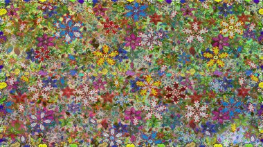 Renkli Bahar Temalı Kusursuz Arkaplan. Düz Çiçek Elementleri Tasarımı. Sevimli çiçek raster deseni. Yeşil renkte çiçekler.