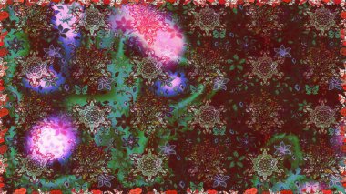 Raster Floral Illustration, Asyalı tekstil. Kahverengi renklerde etnik çiçeklerle kusursuz bir desen..