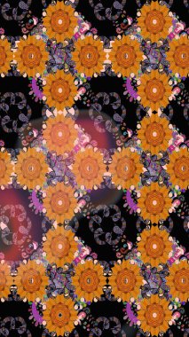 Halk tarzı. Parlak renkli çiçekleri ve turuncu renkli yaprakları olan kusursuz çiçek desenleri. Moda baskıları için zarif bir şablon. Modern çiçek arkaplanı.