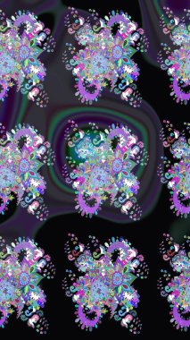 Soyut çiçek desensiz arkaplan. Raster illüstrasyonu. Raster deseni. Küçük çiçekteki sevimli çiçek deseni. Siyah renklerde.