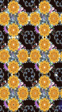 Raster düz çiçekleri pürüzsüz desen. Sarı renkli çiçekler. Tasarım hediye paketi, tebrik kartları, posterler ve afiş tasarımı.