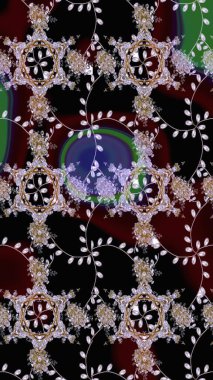 Renkli Bahar Temalı Kusursuz Arkaplan. Düz Çiçek Elementleri Tasarımı. Asya tekstil tarzında. Raster illüstrasyonu. Siyah ve kahverengi renkte çiçekler. Kusursuz çiçek deseni.