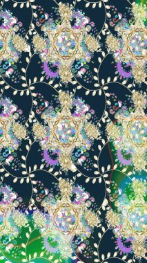 Raster illüstrasyonu. Kusursuz çiçek deseni. Renkli Bahar Temalı Kusursuz Arkaplan. Güzel kumaş deseni. Asya tekstil tarzında. Düz Çiçek Elementleri Tasarımı.