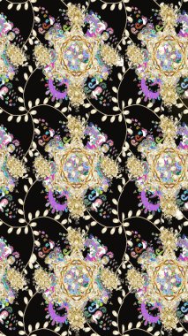 Raster Çiçek İllüstrasyonu güzel tekstil. Siyah renkli etnik çiçeklerle kusursuz bir desen..