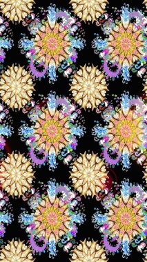 Raster illüstrasyonu. Siyah ve bej renkli çiçekler. Kusursuz çiçek deseni. Asya tekstil tarzında. Raster illüstrasyonu.