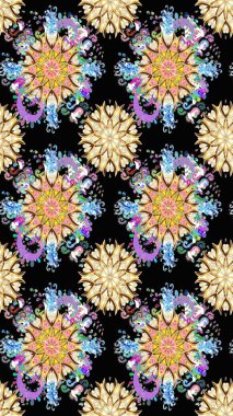 Raster illüstrasyonu. Siyah ve bej renkli çiçekler. Renkli Bahar Temalı Kusursuz Arkaplan. Düz Çiçek Elementleri Tasarımı. Çiçekli, suluboya desenli kusursuz çiçek deseni.