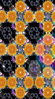 Siyah ve sarı renkli güzel bir tekstil. Çiçeklerle suluboya desenli çiçek deseni. Raster illüstrasyonu.