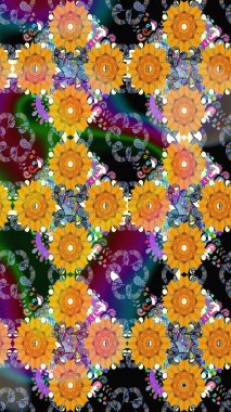 Çiçeksiz desenli nakış işlemeli gelincikler ve vadideki zambaklar. Tekstil tasarımı için sarı ve turuncu renkli geleneksel halk çiçekleri buketi.