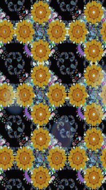 Renkli Bahar Temalı Kusursuz Arkaplan. Düz Çiçek Elementleri Tasarımı. Siyah ve sarı renkli çiçekler. Çiçekle kusursuz desen.