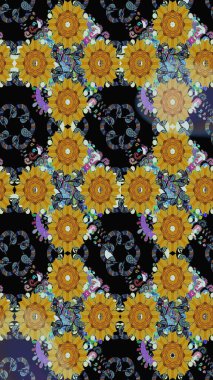 Siyah ve sarı arka planda. Tekstil, kumaş, ambalaj, hatıra defteri için hoş bir çiçek arkaplanı. El çizimi çiçekli, pürüzsüz bir desen. Çocuksu tasarım.