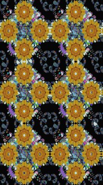 Siyah renkli Asya tekstili. Kusursuz çiçek deseni. Raster illüstrasyonu.