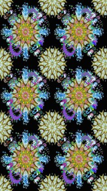 Kusursuz Chichi kumaş deseni. Çiçek deseni. Renkli Bahar Temalı Kusursuz Arkaplan. Düz Çiçek Elementleri Tasarımı. Raster illüstrasyonu.