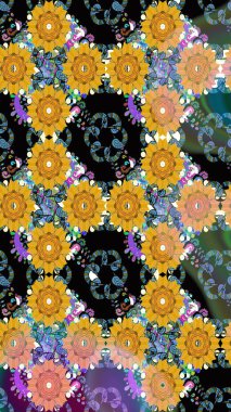 Raster illüstrasyonu. Raster illüstrasyonu. El yapımı çiçek ve bitki koleksiyonu. Eskiz tarzı sarı ve siyah renkler. Sevimli karalama çiçekleriyle kusursuz çiçek deseni..