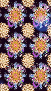 Çok renkli, zarif küçük çiçekler ve siyah renkli komik böcekler, raster desen, illüstrasyon..