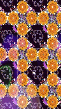 Raster illüstrasyonu. Kusursuz çiçek deseni. Asya tekstil tarzında. Turuncu ve siyah renkli çiçekler. Raster illüstrasyonu.