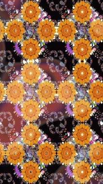 Varicoloorange raster kusursuz çizim. Küçük çiçekteki sevimli çiçek deseni. Birçok turuncu ve soyut çiçekli tropikal desenler..