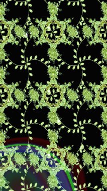 Tişörtsüz arka plan deseni. Siyah ve yeşil renkli çiçekler. Tropik çiçekler.