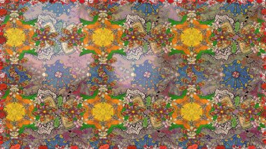 Poster ya da kapak için arka plan. Yapraklı kusursuz desen. Şirin, zarif çiçekler Raster illüstrasyonu. Davetiye ve kartpostal tasarımı için dekoratif çiçek unsurları. Tekstil için figür.