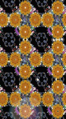 Yumuşak, bahar çiçekleri siyah renklerde. Raster illüstrasyonu. Patlayan çiçekler soyut olarak yerleştirilmiş. Raster deseni.