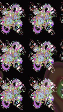 Çiçeksiz desenli, suluboya elle çizilmiş elementler. Parlak renkli fantezi çiçekleri, yapraklar, siyah renkli tomurcuklar.