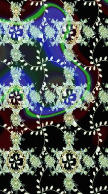 Halk tarzı. Moda baskıları için zarif bir şablon. Modern çiçek arkaplanı. Parlak renkli çiçeklerle ve siyah ve nötr renklerde yapraklarla şaşırtıcı, pürüzsüz çiçek deseni..