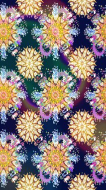 1950-1960 motifleri. El çizimi çiçek unsurları olan soyut, dikişsiz raster deseni. Çiçekli ipek eşarp. Retro tekstil tasarım koleksiyonu. Mavi ve nötr mavi ve nötr.