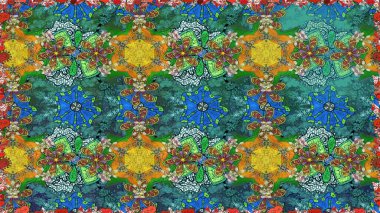 Düz Çiçek Elementleri Tasarımı. Güzel kumaş deseni. Kusursuz çiçek deseni. Renkli Bahar Temalı Kusursuz Arkaplan. Raster illüstrasyonu. Asya tekstil tarzında.