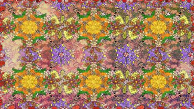 Kahverengi renkli çiçekler. Renkli Yaz Temalı Kusursuz Arkaplan. Düz Çiçek Elementleri Tasarımı. Raster illüstrasyonunda kusursuz çiçek deseni.