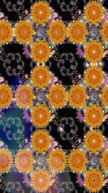 Kusursuz desenli, parlak çiçekli halı siyah renkli bitkiler..