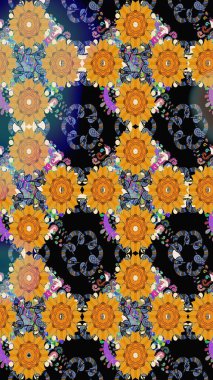 Çok renkli, zarif küçük çiçekler ve siyah renkli komik böcekler, raster desen, illüstrasyon..