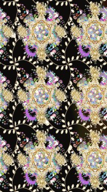 Eski usul. Raster illüstrasyonu. Kumaş, tekstil, duvar kağıdı baskısı için. Renkli desenli kusursuz desen, siyah çiçekler ve dekoratif elementler. Kusursuz arkaplan.