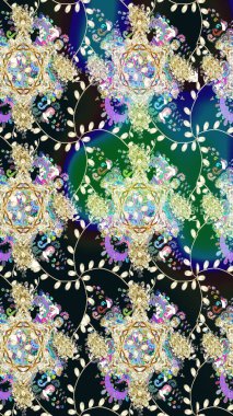 Şablon, pürüzsüz, çiçekli kenar. Raster illüstrasyonu. Çiçek çelengi. Kıvırcık, parlak örgü. Eski moda arka plan. Güzel, pürüzsüz kumaş, tuval..