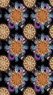 Siyah ve kahverengi renklerde çiçeksiz. Şatafatlı bahar bahçesi dokusu. Raster illüstrasyonu. Siyah ve kahverengi renkte çiçekler. Çiçek deseni.