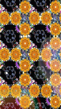 Çiçekli karalama şeklinde Raster çiçek deseni. Raster illüstrasyonu. Sarı ve siyah renklerde bahar çiçekleri..