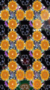 Raster deseni. Patlayan çiçekler soyut olarak yerleştirilmiş. Yumuşak, bahar çiçekleri siyah renklerde. Raster illüstrasyonu.