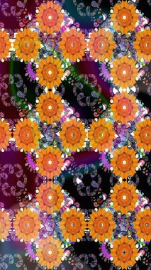 Moda baskıları için zarif bir şablon. Modern çiçek arkaplanı. Halk tarzı. Parlak renkli çiçekleri ve turuncu ve kahverengi renkli yaprakları olan şaşırtıcı, pürüzsüz çiçek deseni..