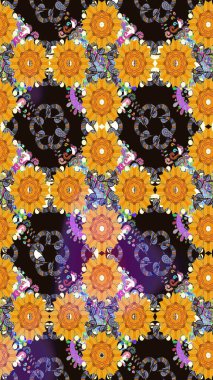 Çiçekli karalama şeklinde Raster çiçek deseni. Sarı ve gri renkli çiçekler. Yumuşak, yaz çiçekli arka plan.