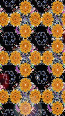 Renkli Yaz Temalı Kusursuz Arkaplan. Düz Çiçek Elementleri Tasarımı. Çiçekli kusursuz retro desen. Siyah renkte çiçekler.