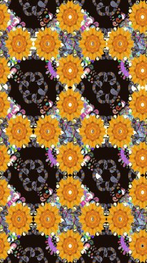 Raster illüstrasyonu. Gri renklerde. Çiçek buketleriyle klasik tarzda kusursuz desen.