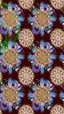 Raster illüstrasyonu. Kusursuz bir geçmişi var. Kumaş, tekstil, duvar kağıdı baskısı için. Eski usul. Renkli desenli, kahverengi çiçekli ve dekoratif elementli kusursuz desen..