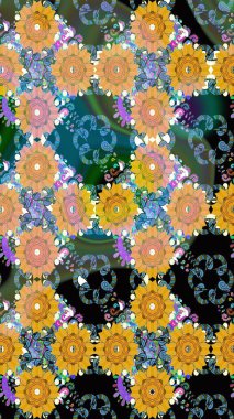 Mavi ve sarı renkte çiçekler. Çiçek deseni. Raster illüstrasyonu. Şatafatlı bahar bahçesi dokusu. Çiçeksiz mavi ve sarı renkler.