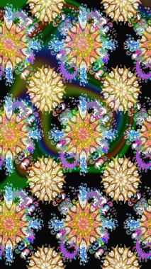 Küçük çiçekteki sevimli çiçek deseni. Siyah ve yeşil renklerde. Raster illüstrasyonu. Soyut çiçek desensiz arkaplan. Raster deseni.