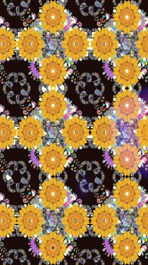 Halk tarzı. Modern çiçek arkaplanı. Parlak renkli çiçekleri ve sarı ve gri renkte yaprakları olan şaşırtıcı, pürüzsüz çiçek deseni. Moda baskıları için zarif bir şablon.