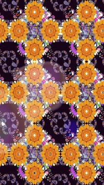 Modern stil dokusu. Çiçek desenli raster, siyah ve turuncu çizgi grafik desenli soyut raster arkaplan.