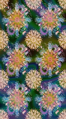 Çok mavi ve yeşil zarif küçük çiçekler ve mavi ve yeşil renkli komik böcekler, raster desen, illüstrasyon.