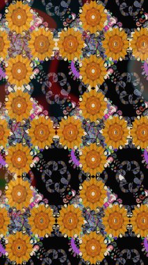 El çizimi çiçekli, pürüzsüz bir desen. Siyah arka planda. Tekstil, kumaş, ambalaj, hatıra defteri için hoş bir çiçek arkaplanı. Çocuksu tasarım.