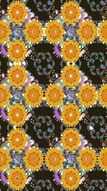 Çiçeksiz desenli, suluboya elle çizilmiş elementler. Parlak renkli fantezi çiçekleri, yapraklar, kahverengi renkli tomurcuklar, kahverengi.