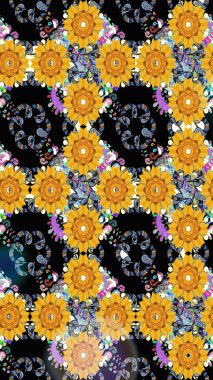 Nazikçe, sarı renkte bahar çiçekleri. Yaprak ve çiçeklerin suluboya resmi, sarı renklerde pürüzsüz desen. Raster illüstrasyonu.