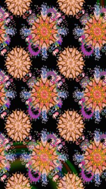 Renkli Bahar Temalı Kusursuz Arkaplan. Siyah renkli çiçekler. Düz Çiçek Elementleri Tasarımı. Güzel çiçek deseni..